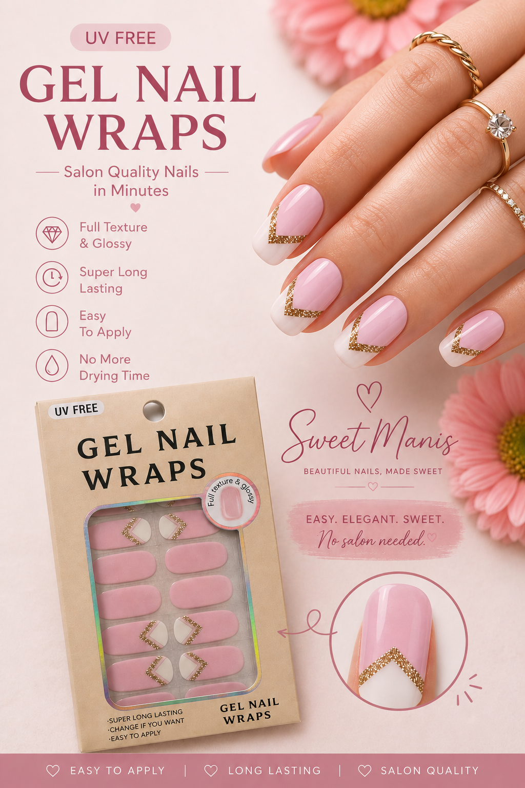 Blush & Gold Chevron Gel Nail Wraps | UV-Free Nail Stickers | 22-Piece Set